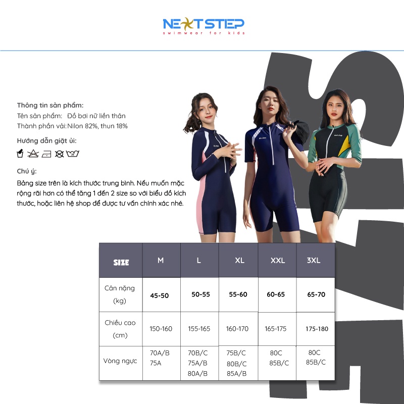 Đồ bơi nữ, liền thân tay dài chống nắng, kiểu dáng trẻ trung, năng động phù hợp mọi lứa tuổi có size từ 45kg – 70kg