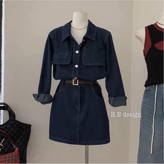 Đầm dáng chữ A jeans cổ sơ mi túi hộp kèm đai eo