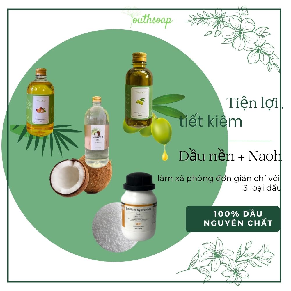 Set nguyên liệu làm xà phòng handmade, combo 3 loại dầu làm xà phòng kèm xút naoh