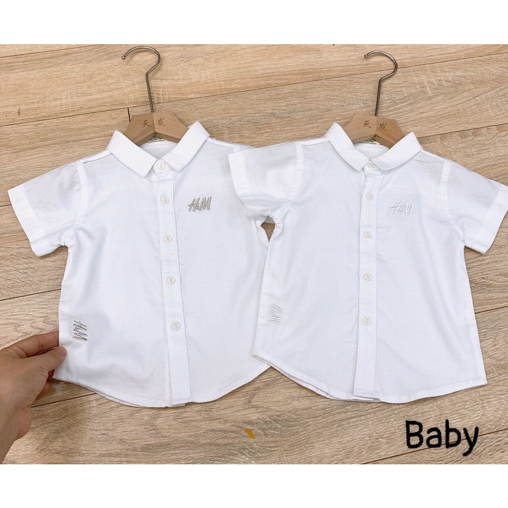 Áo sơ mi bé trai cộc tay 6-36 tháng màu trắng thêu chữ HM vải thô thoáng mát