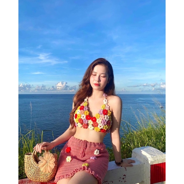 SET BIKINI HOA MÓC LEN XẺ NGỰC SB115 - BIKINI LEN MÓC