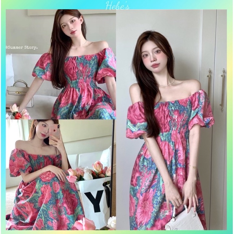 Đầm midi trễ vai hoa hồng thời trang nữ hebe's H11