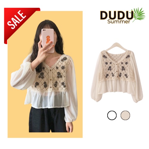 Áo Voan Tay Dài Cổ V Họa Tiết Thêu Phong Cách Retro Cổ Điển Xinh Xắn Cho Nữ