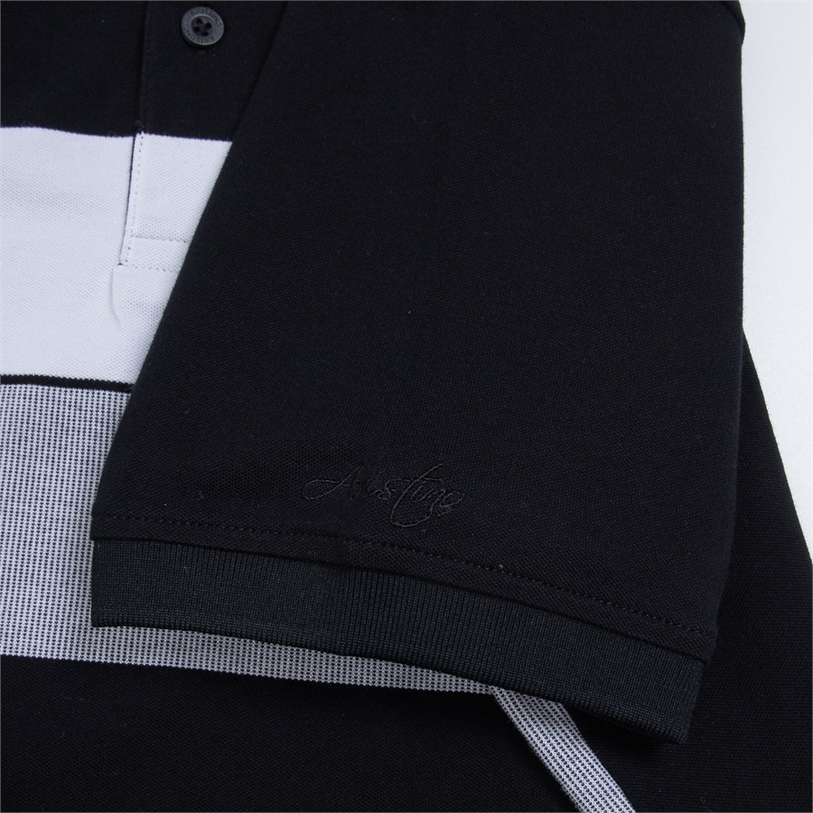 Áo thun polo nam Aristino APS008S3 phông ngắn tay cổ bẻ công sở dáng suông vừa màu đen 9 kẻ jacquard vải cotton cao cấp