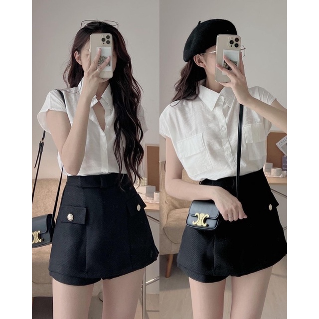 Set áo sơ mi tay hến túi ngự c đũi hàn mix quần váy chữ A khuy đồng