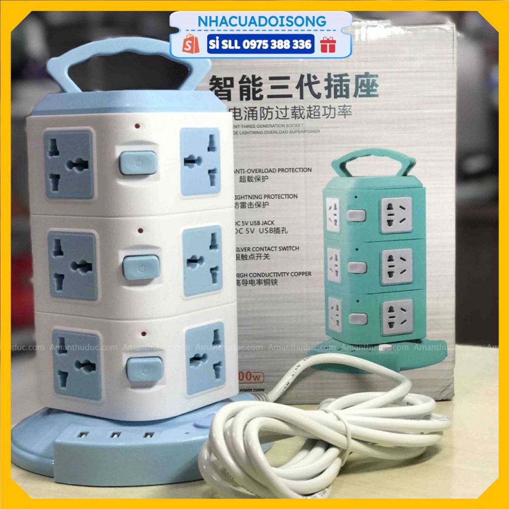 Ổ Cắm Điện 2 Tầng, 3 Tầng, 4 Tầng, 5 Tầng 3 Chấu Đa Năng Có Cổng Sạc USB Chính Hãng, Ổ Điện Thông Minh Dây Dài 2 Mét