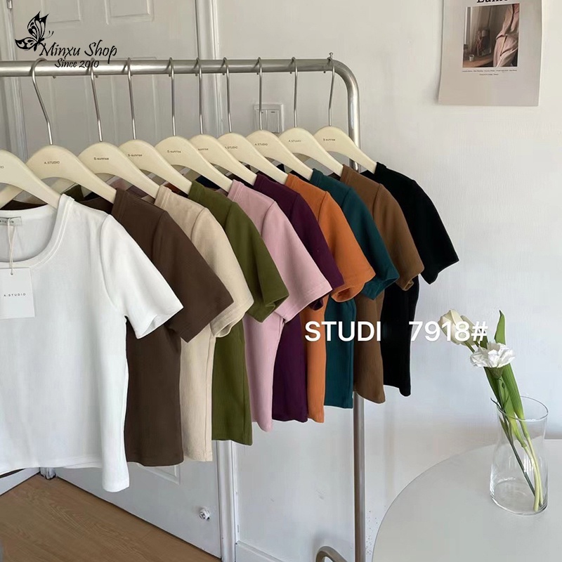 Áo phông ngắn tay cổ tròn trơn nhiều màu Minxu shop PG16