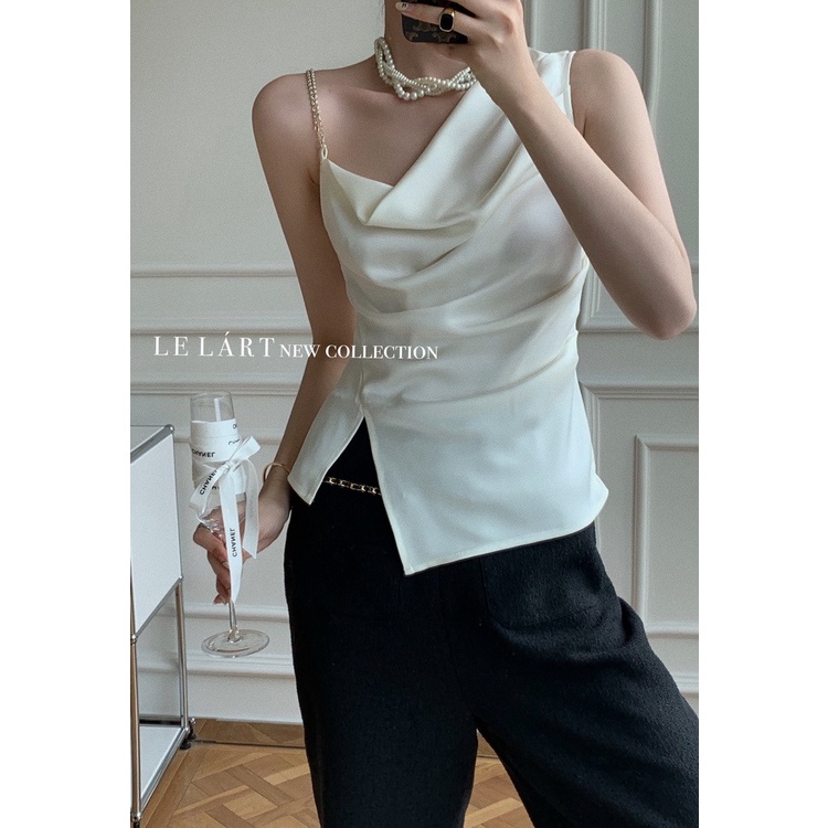 Chính Hãng Cao Cấp Áo Dây Xích Xẻ Tà Xếp Ly Lệch Vai Phối Xích Phong Cách Pháp ins Cho Nữ