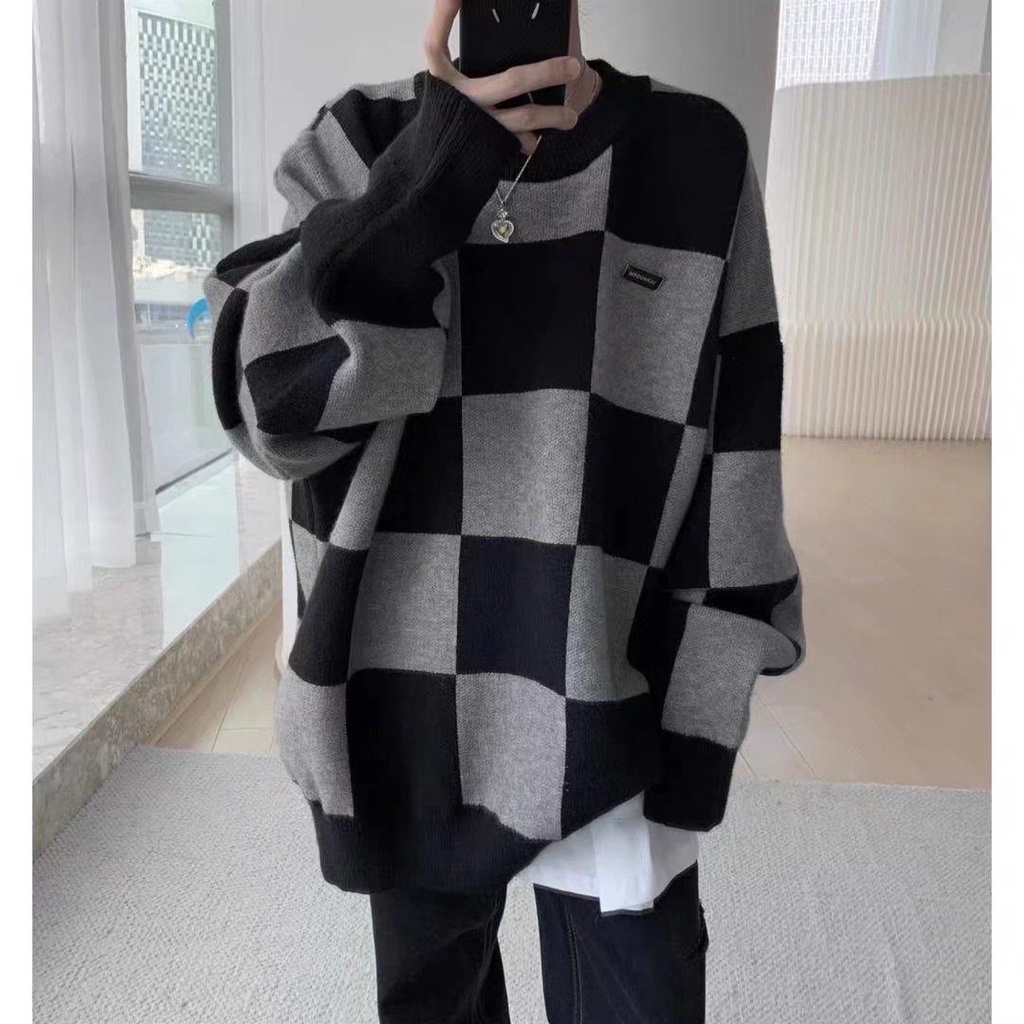 Áo sweater Dệt Kim Tay Dài Cổ Tròn Màu Đen In Họa Tiết Bảng Kẻ Ô PAUL FITZGERALD Thời Trang Cho Nam