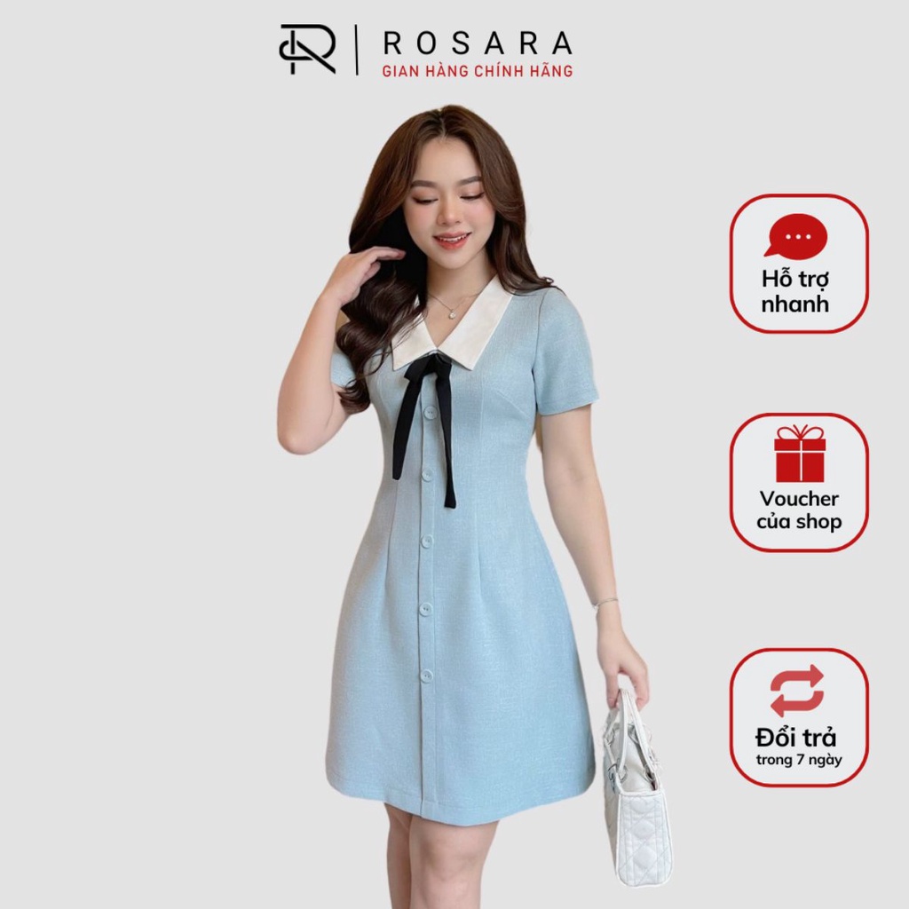 Váy Đầm Xanh Ngắn Tay Phối Nơ Dáng Xòe Thời Trang Nữ Rosara VA35