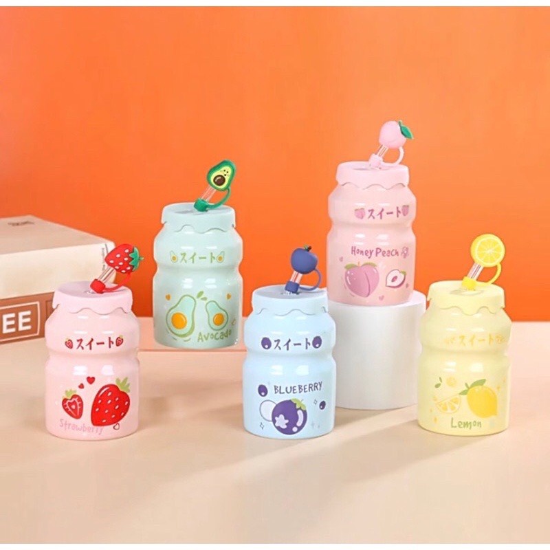 Cốc ly sứ Yakult 500ml dễ thương bình nước cốc sứ có nắp kèm ống hút