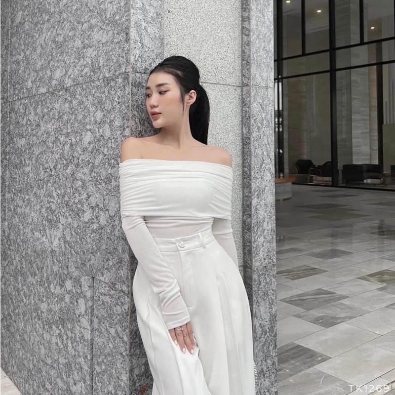Áo Trễ Vai Chất Nhúng Mềm Nhún Eo Dài Tay Ngắn Tay Trắng Đen Kèm Video Thật