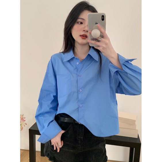 QKOOLE Áo sơ mi nữ  dài tay cổ bẻ dáng rộng thời trang Hàn Quốc
