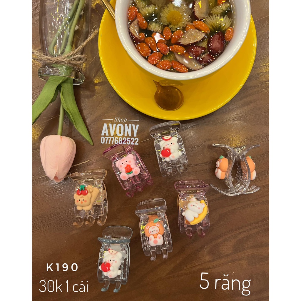 kẹp tóc càng cua - bấu tóc 3 - 5 răng nhựa trong màu đính icon thú