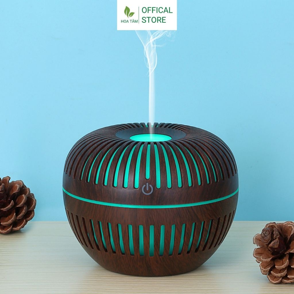 Máy xông tinh dầu phòng ngủ phòng khách, hình quả táo vân gỗ, đèn lồng led 7 màu, dung tích 200ml | BH 6 tháng