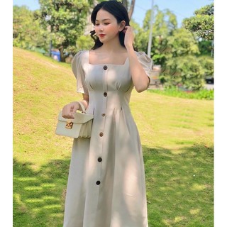 Đầm midi cổ vuông nút dừa 2 màu mint kem