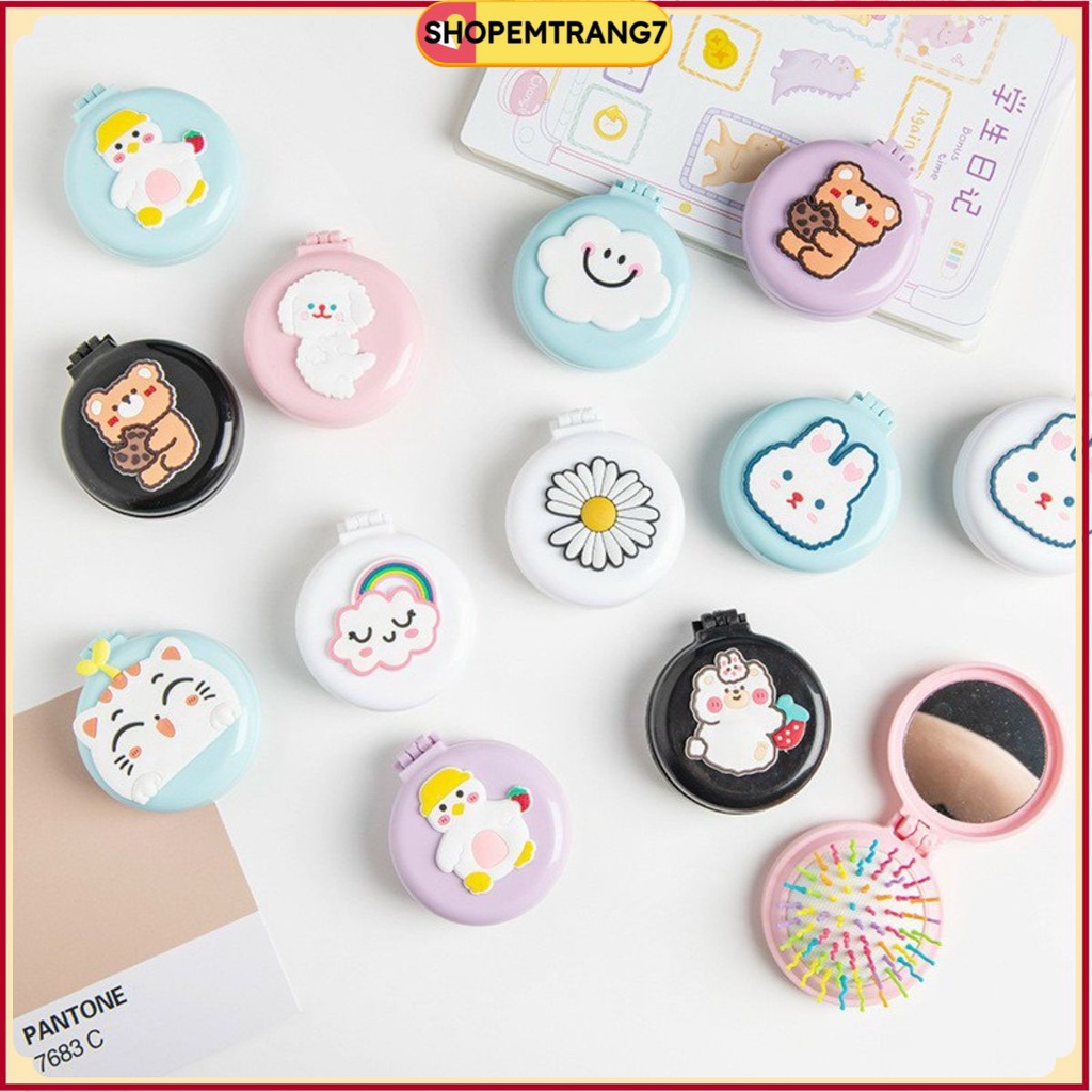 Lược gương chải tóc 2in1 cầm tay mini bỏ túi, Lược gấp kèm gương mini phong cách Hàn Quốc dễ thương cho nàng thơ xinh