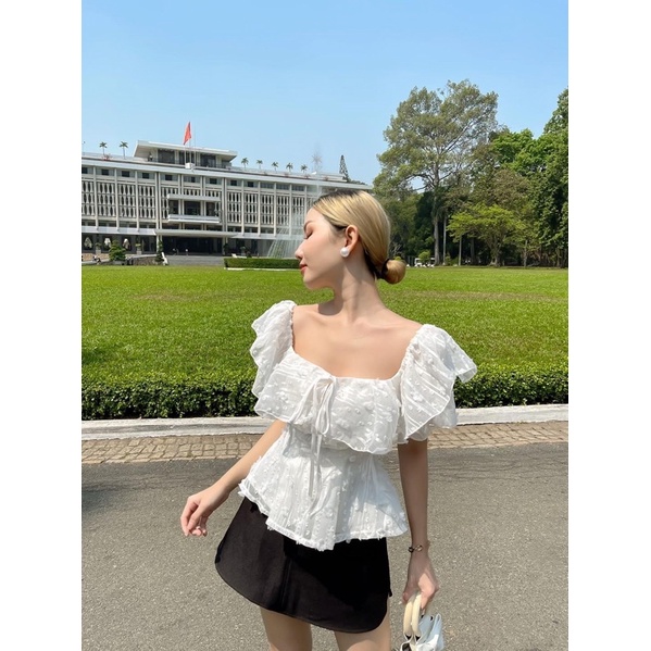Áo nữ THIẾT KẾ croptop trễ vai chiết eo nữ tính BANHBEOCLOTHES A0604