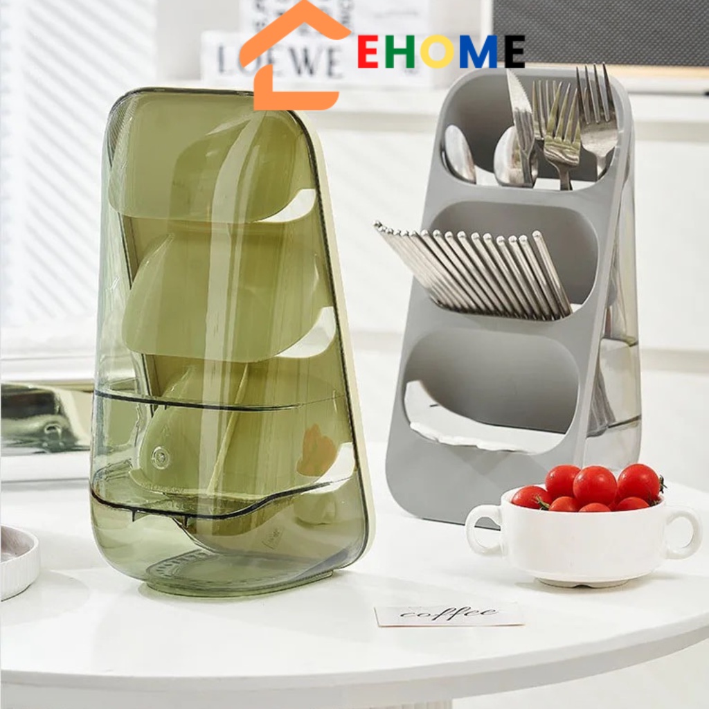 Kệ đựng đũa nhà bếp 3 tầng trong suốt để bàn đa năng chống bụi giá để bộ đồ ăn sấy khô kèm khay thoát nước ehome