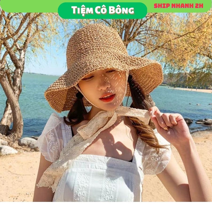 Mũ cói mềm dây ren buộc cổ phong cách tiểu thư