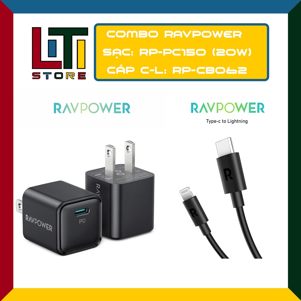 Combo bộ sạc nhanh siêu nhỏ gọn RAVPOWER RP-PC150 20w và cáp C-L Ravpower RP-CB062 - Nobox ( Không hộp)