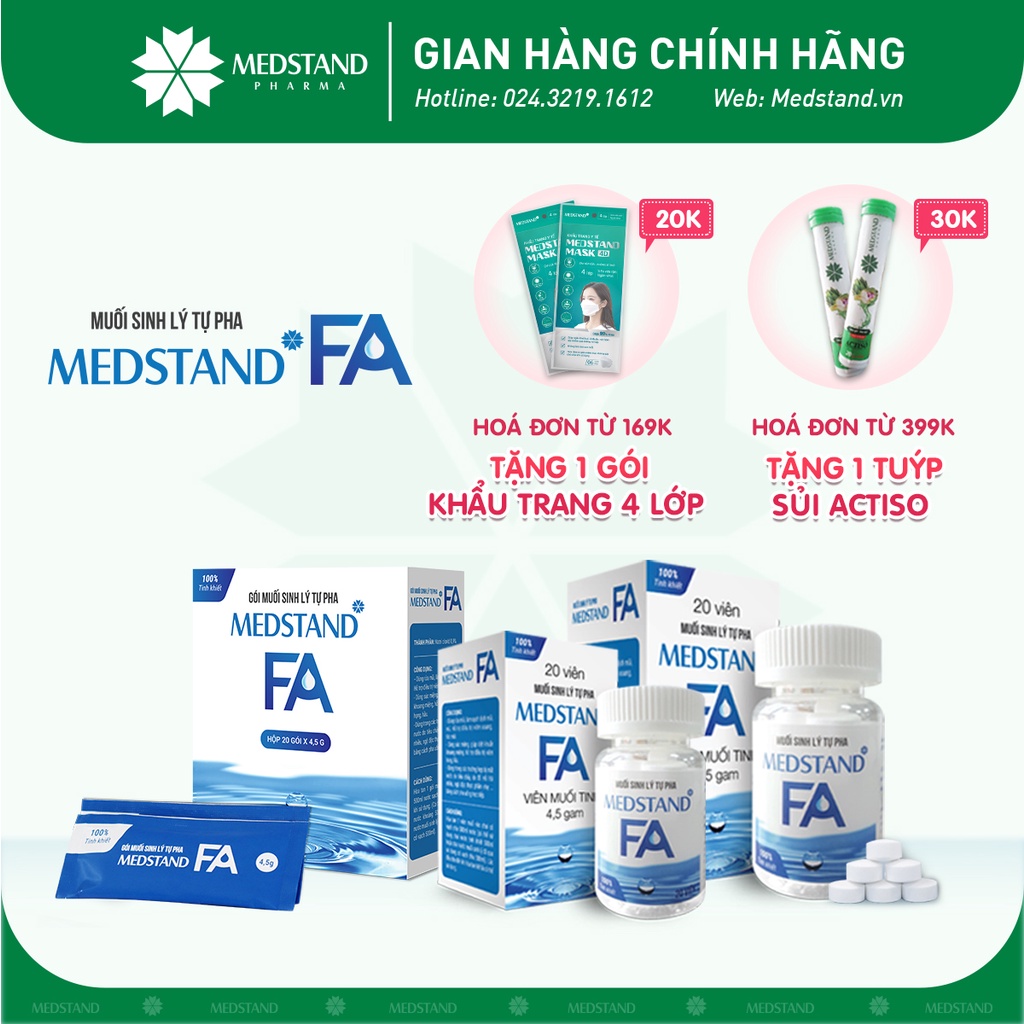 Muối sinh lý tự pha dùng rửa mũi, súc miệng, uống trực tiếp khi mất nước, tiêu chảy MEDSTAND FA (Dạng gói,viên nén 4.5g)