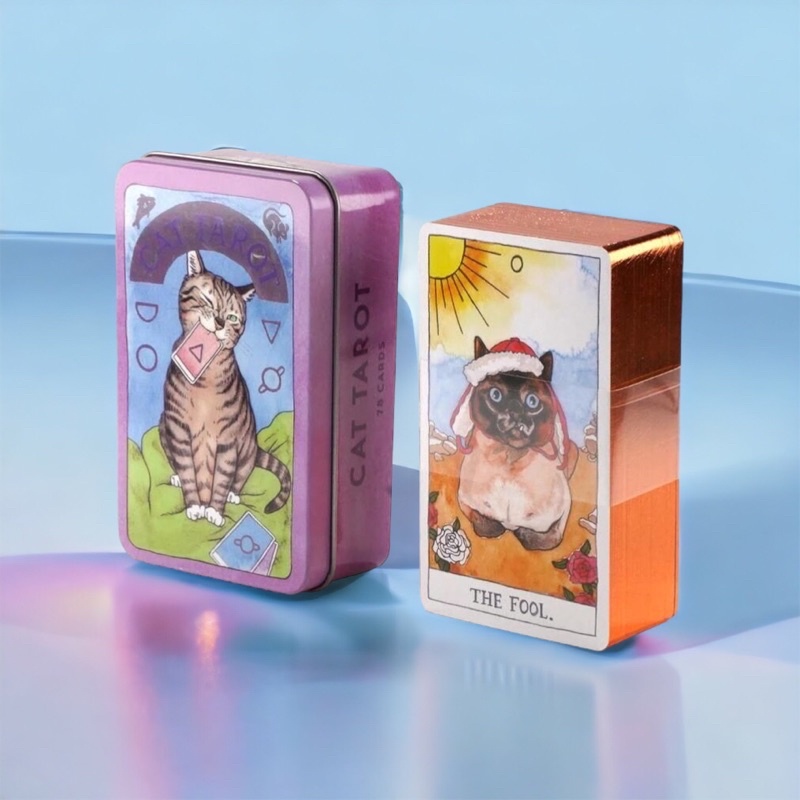 Bộ Bài Cat Tarot cards có mạ vàng, Tarot mèo 78 lá cơ bản, hộp thiếc