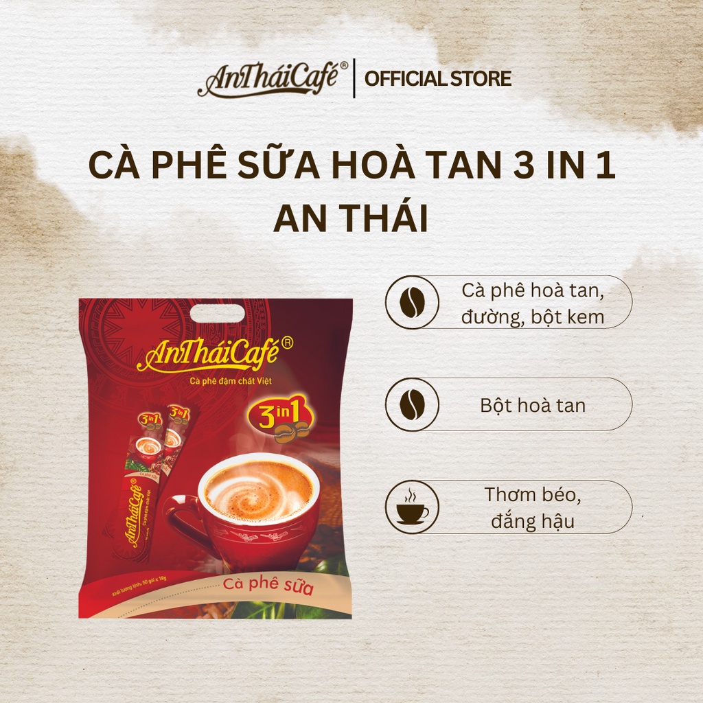 Cà phê sữa 3 trong 1 hòa tan uống liền nguyên chất đậm vị An Thái Cafe 50 gói x 18gr