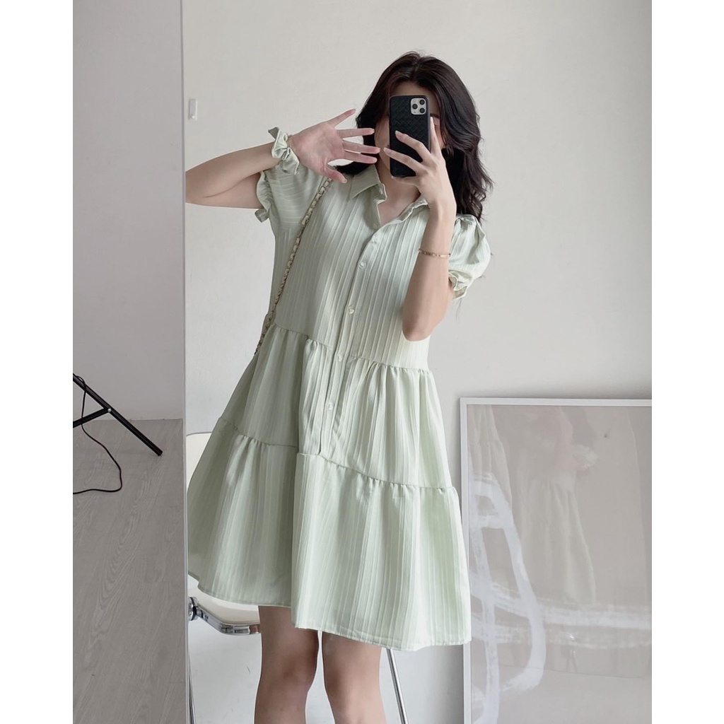 Váy mini ulzzang dáng ngắn EMIX, cộc tay phối cúc cổ sơ mi, chất đũi gân kèm dây buộc tóc 300