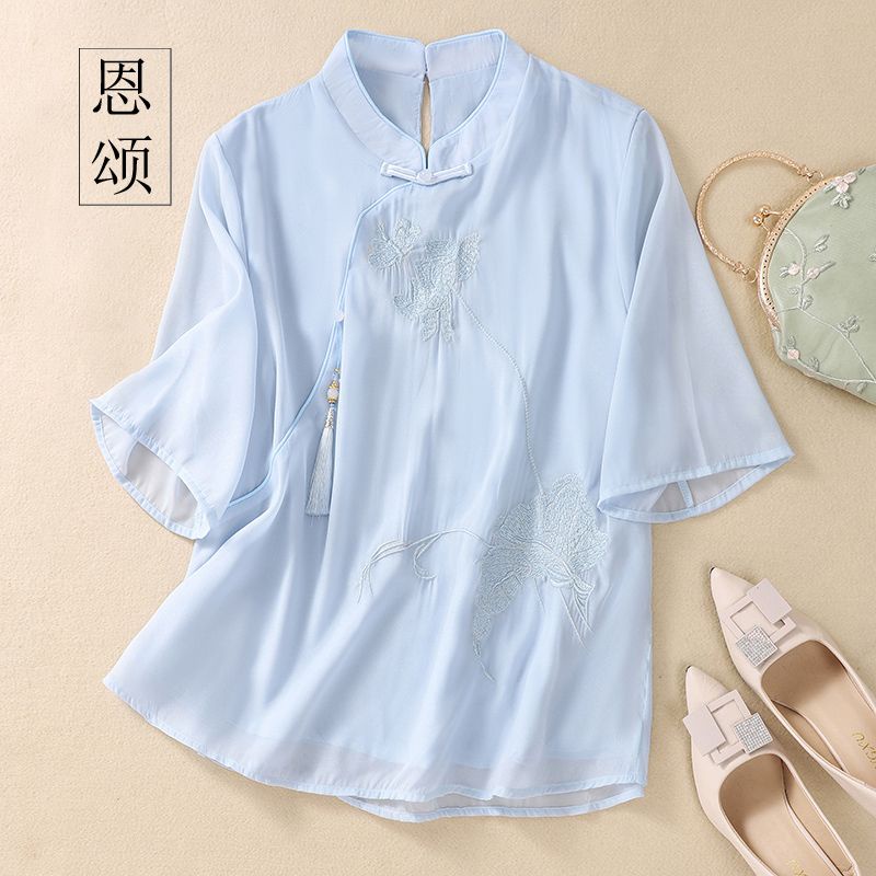 Áo Sơ Mi Chiffon Cài Nút Thêu Họa Tiết Phong Cách Trung Hoa Cổ Điển Thời Trang Mùa Hè 2023 Mới Cho Nữ