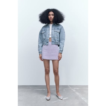 ZARA Đức - Chân váy auth sale new tag chính hãng tweed ngắn chữ A nỉ dạ tím caro 7790/377