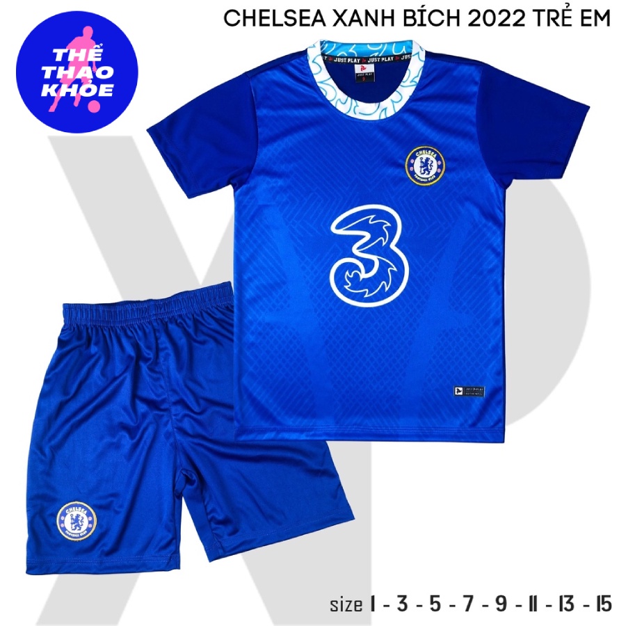 Quần Áo Bóng Đá, Đồ Đá Banh Trẻ Em CLB Chelsea Xanh Bích 2022 2023 - Thun Lạnh Cao Cấp, Không Nhăn, Không Xù Lông