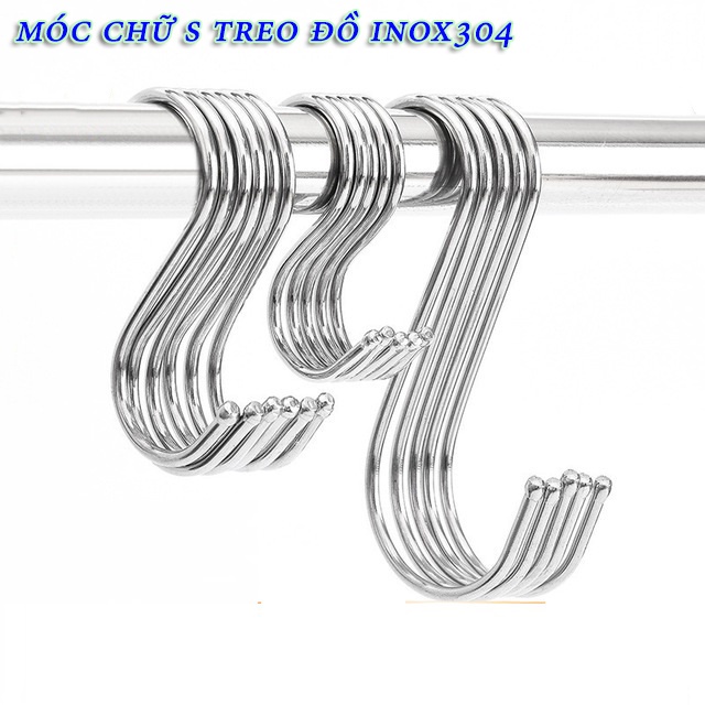 Combo 10 Móc Treo Đồ Tiện Lợi Hình Chữ S 3 Kích Cỡ Chất Liệu INOX 304, Chịu Tải 10 Kg