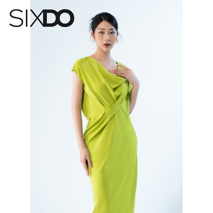 Đầm lụa midi xanh lá nhúm eo cách điệu thời trang SIXDO (Green Midi Silk Dress)