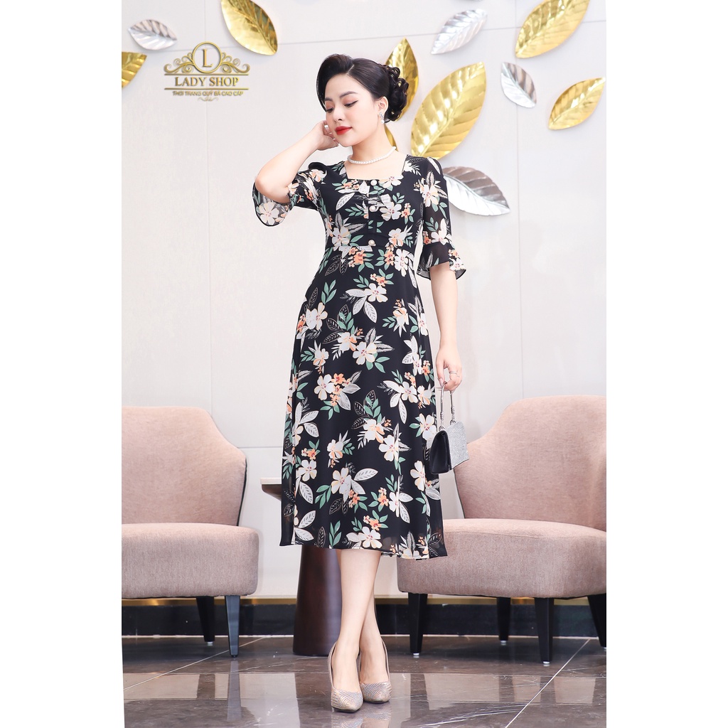 Đầm voan cổ vuông tay loe Ladyshop thời trang trung niên cao cấp T97