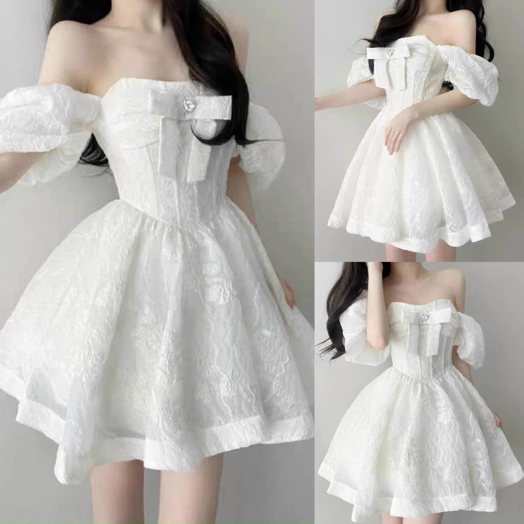 Đầm váy nữ váy công chúa trễ vai cúp ngực mix nơ dáng xòe bồng bềnh siêu xinh dành cho các nàng đi chơi, đi tiệc.