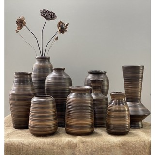 Bình gốm mộc Bát Tràng cỡ vừa và to men nâu kẻ - Lọ cắm hoa decor trang trí nghệ thuật