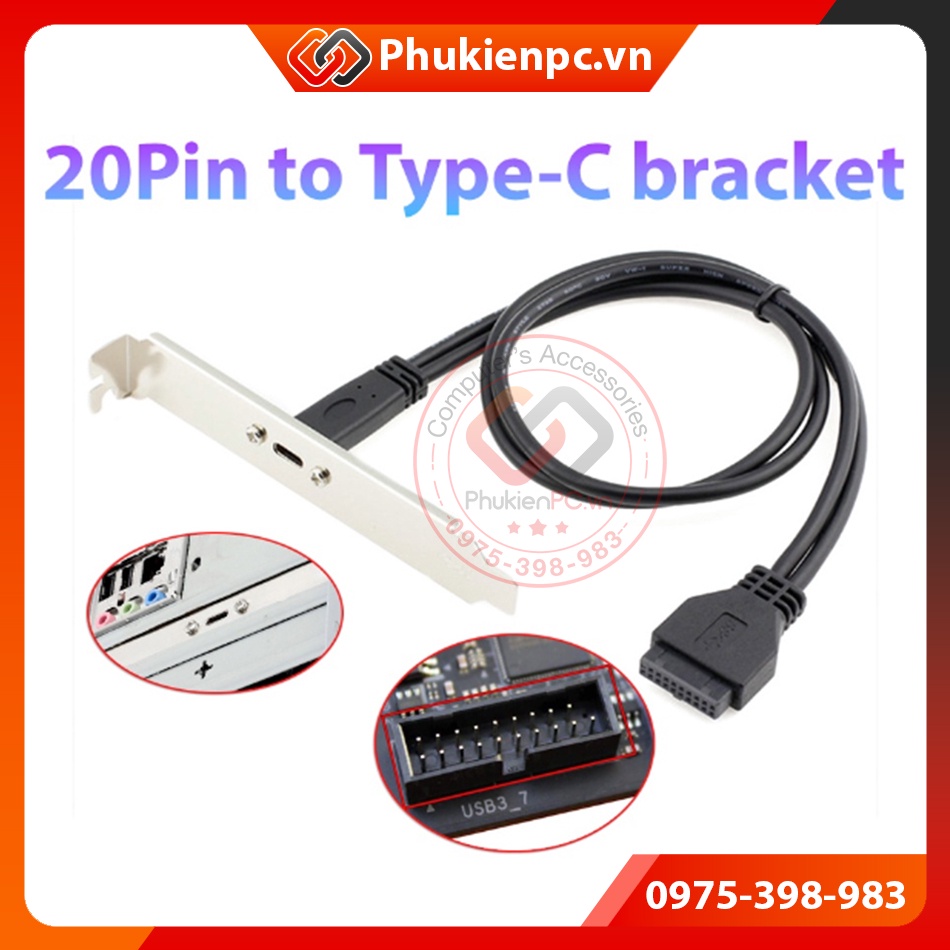 Dây cáp chuyển đổi USB 3.0 20Pin cắm Mainboard ra USB Type-C lắp sau Case máy tính PC kết nối với thiết bị USB-C