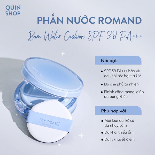 Phấn Nước Căng Bóng, Kiềm Dầu Romand Bare Water, Nu Zero Cushion