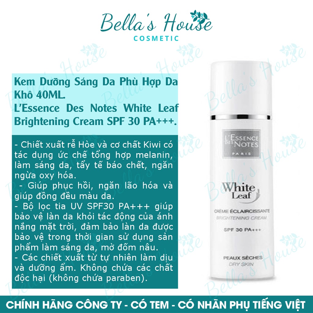 Kem Dưỡn.Da L'Essence Des Notes White Leaf Brightening Cream SPF 30 PA+++, 40mL Phù Hợp Da Khô