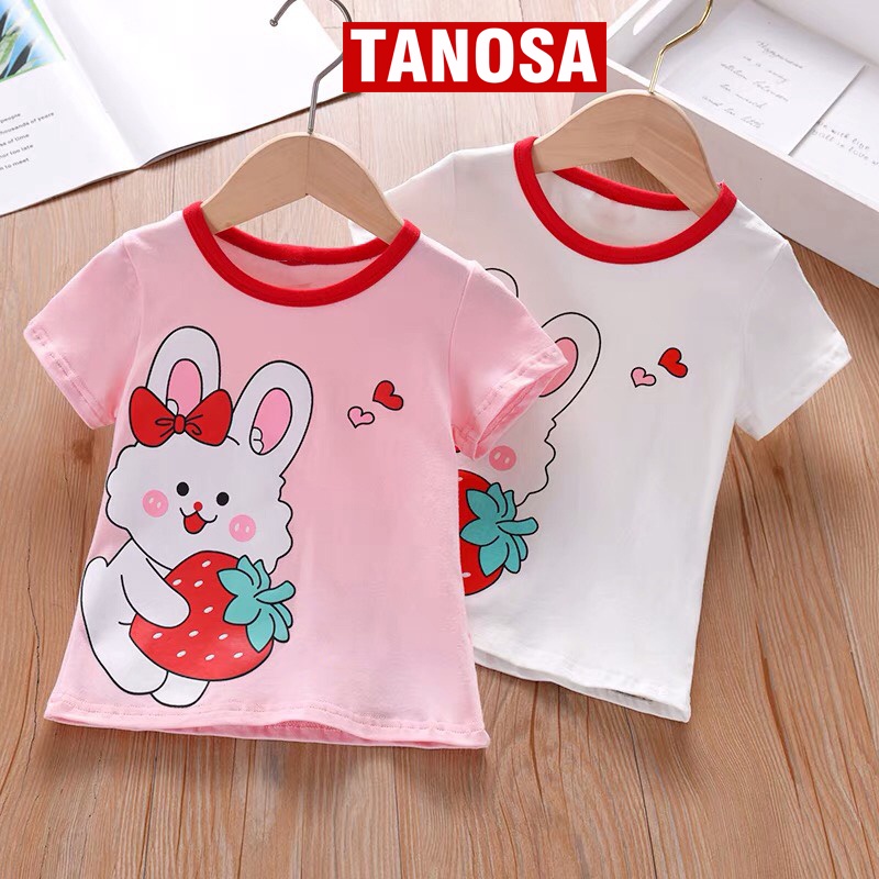 Áo thun áo phông mùa hè in hình thỏ dâu tâu áo kiểu cho bé gái TANOSA chát cotton mát cổ tròn viền size 13-33kg