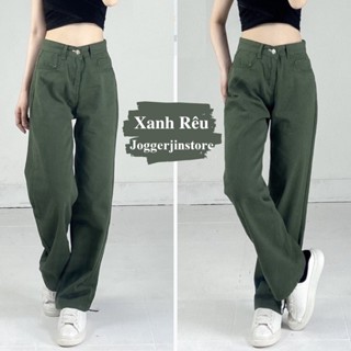 Quần Kaki Nữ Ống Rộng Lưng Cao Dáng Suông, Quần Kaki Jean Trơn Màu Xanh Rêu Beoduky