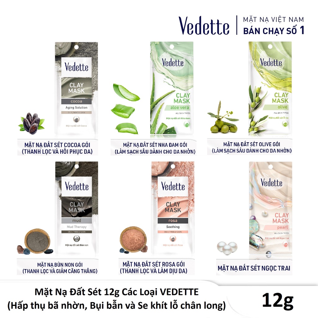 Mặt nạ đất sét Vedette các loại 12g - Hút dầu thừa, Cặn bẩn, Se khít lỗ chân lông & Da sáng sạch