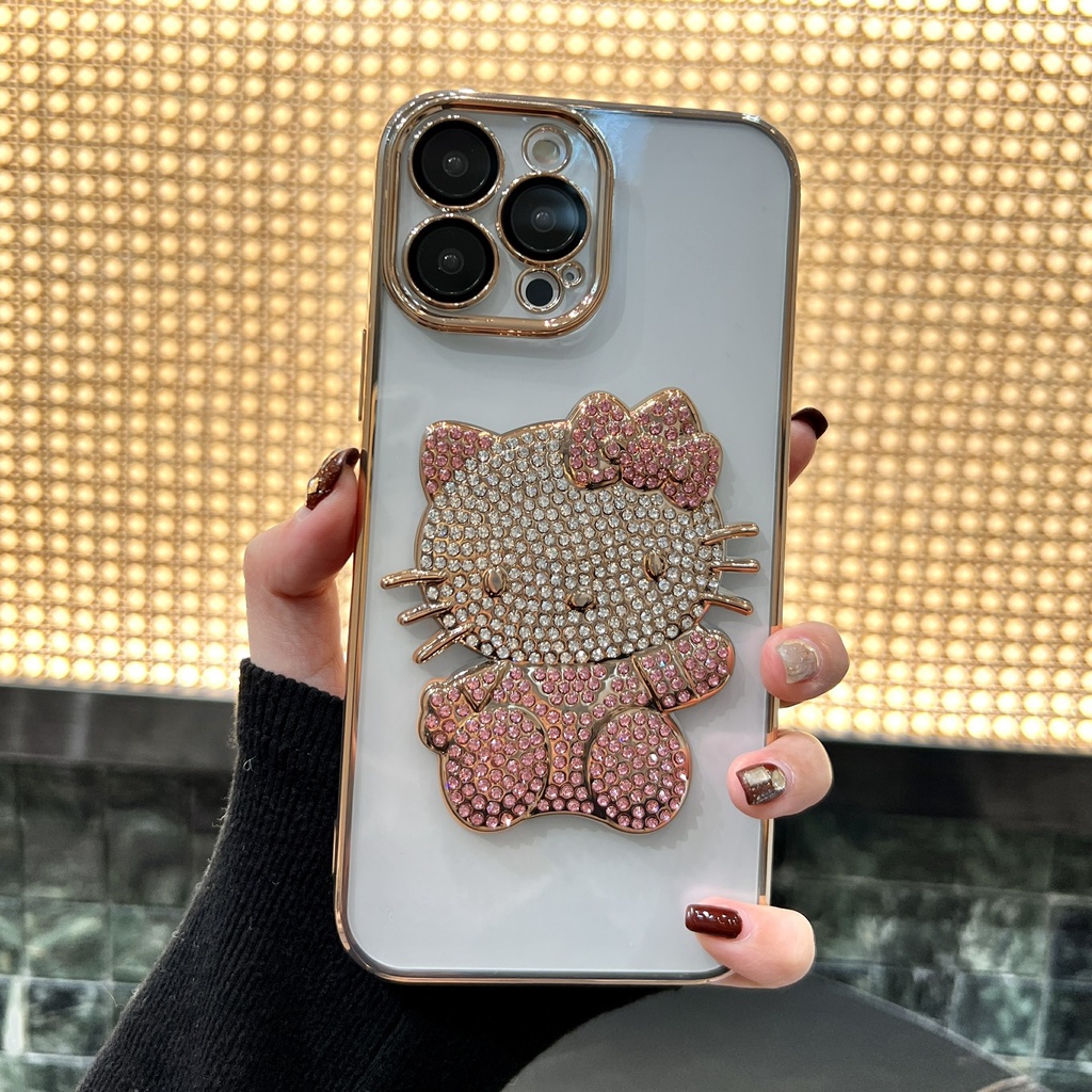 Ốp Điện Thoại Trong Suốt Mạ Điện in Hình Mèo hello kitty 3D Cho iPhone 11 12 pro max 13 pro max 14 plus 14 pro max
