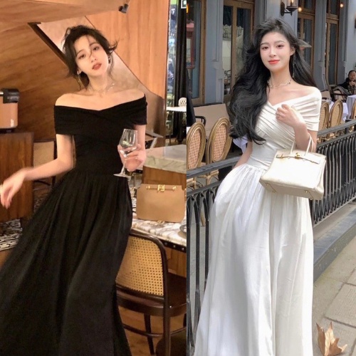 Đầm Trễ Vai Đan Chéo Ngực Dáng Xòe Rộng, Váy Đan Chéo Ngực Hở Vai Dáng Dài Chất Cotton Zip Co Giãn