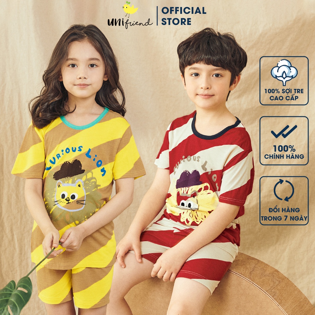 Đồ bộ quần áo ngắn tay vải sợi tre cao cấp dành cho bé trai, bé gái mặc nhà mùa hè Unifriend Hàn Quốc U2023-18