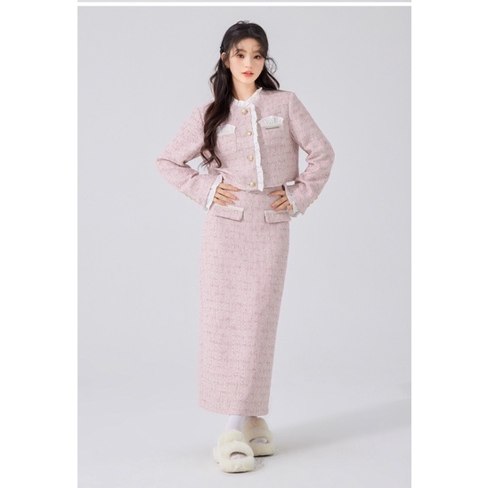Set dạ tweed Hồng bạc nhún viền gồm áo và chân váy dài, có ảnh thật