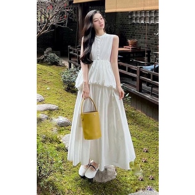 Đầm váy áo sơ mi không tay cổ tàu dáng dài trắng thời trang thiết kế cao cấp đi biển du lịch đi làm dạo phố LEVAN