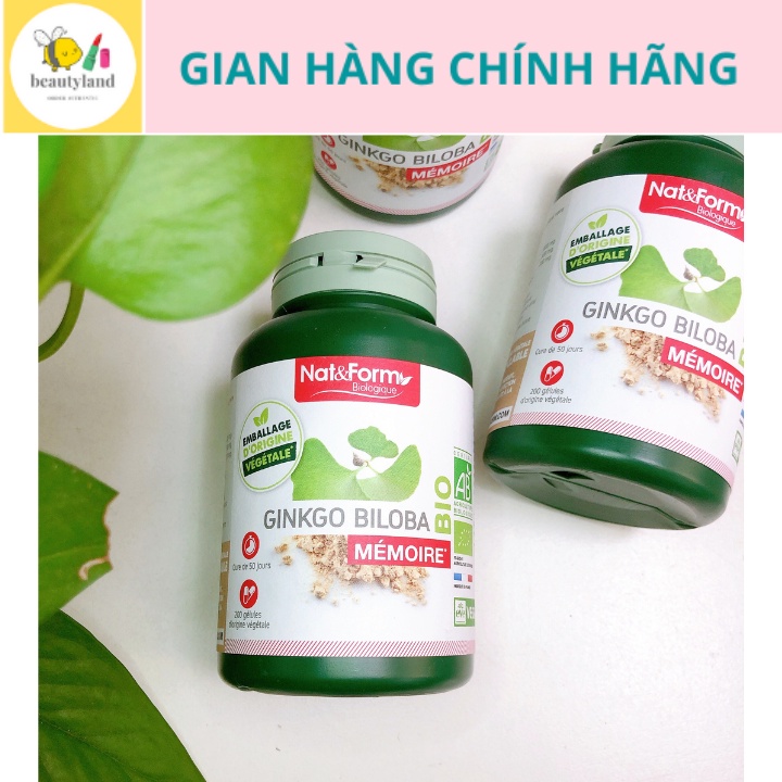 Bổ não Ginkgo Biloba Bio Nat Form tăng cường trí nhớ sản phẩm hữu cơ Pháp hộp 200 viên