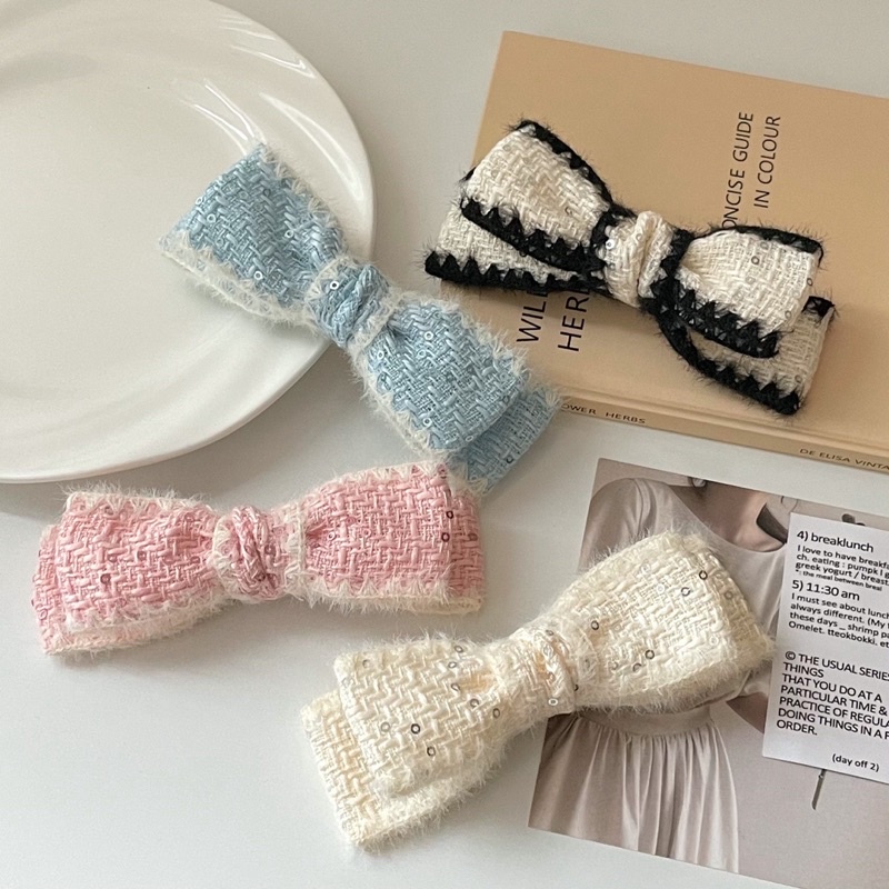 Kẹp tóc đính nơ vải dạ tweed tông màu pastel phong cách vintage Hàn Quốc hot trend 2023